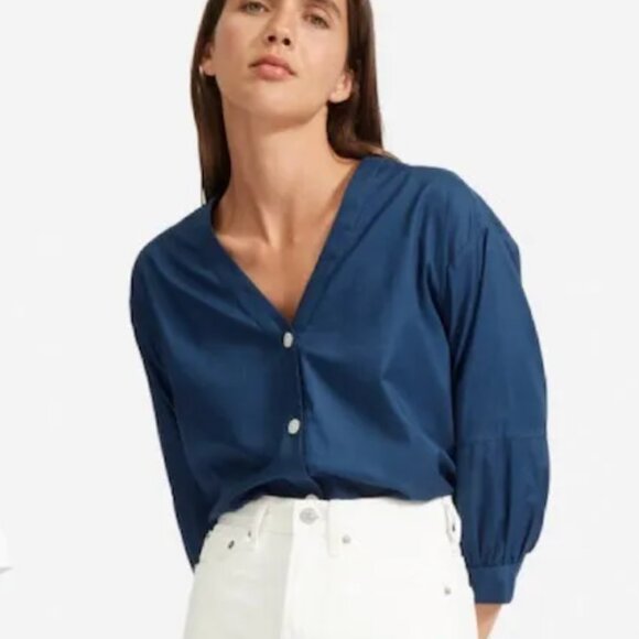 Everlane Tops - Everlane The Silky Cotton Lantern Top Button Down V Neck Navy Blue Size 6